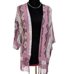 Andree by Unit Purple and Blue Floral Fringe Lace Kimono Small